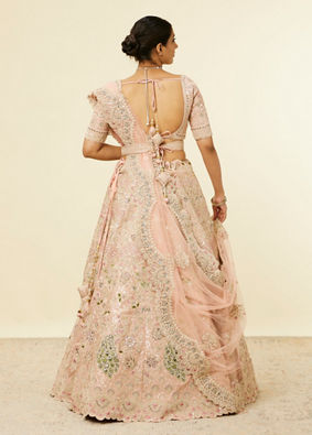 alt message - Mohey Women Golden Pink Sitara Embroidered Lehenga with Peacock Motifs image number 4